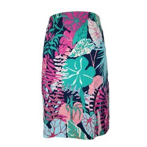 Talbots Tropical Palm Print Pencil Skirt Size 6 Blue Pink Cotton Colorful